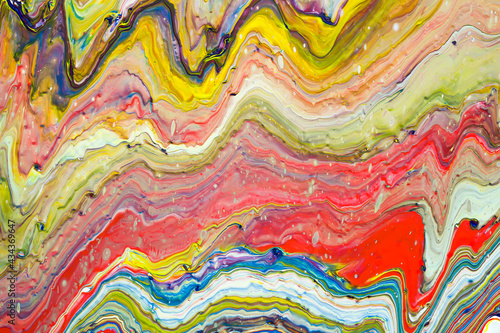 Colorful abstract acrylic painting. Natural dynamic mixture of oil colored pigments fluid flow background. © xiaoliangge