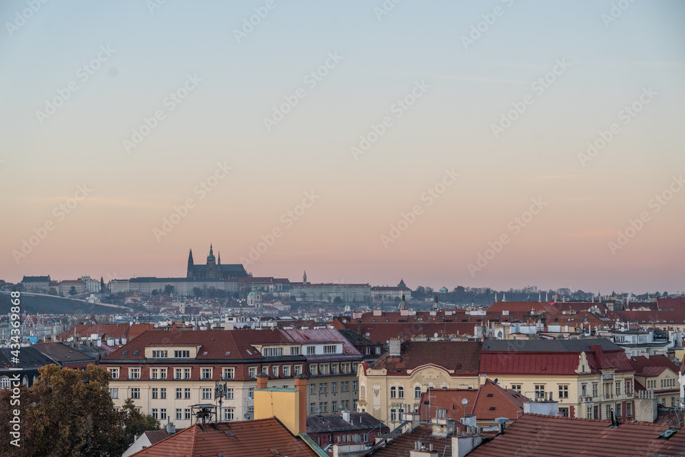 Pink sky at sunset in Prague Castle