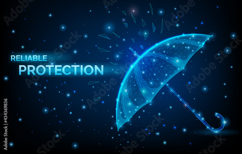 Umbrella in low poly wireframe style. Concept of protection and isolation from external risk factors. Polygonal abstract umbrella isolated on blue background. Vector