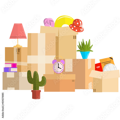 Moving concept.Set of stacks. Cardboard boxes with various things from house. Transport company