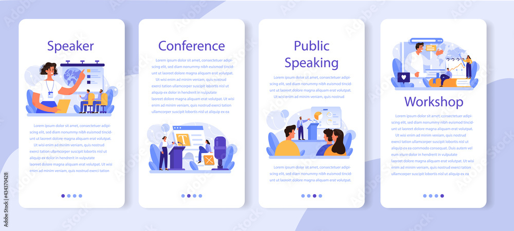 Professional speaker mobile application banner set. Rhetoric or elocution Professional speaker mobile application banner set. Rhetoric or elocution