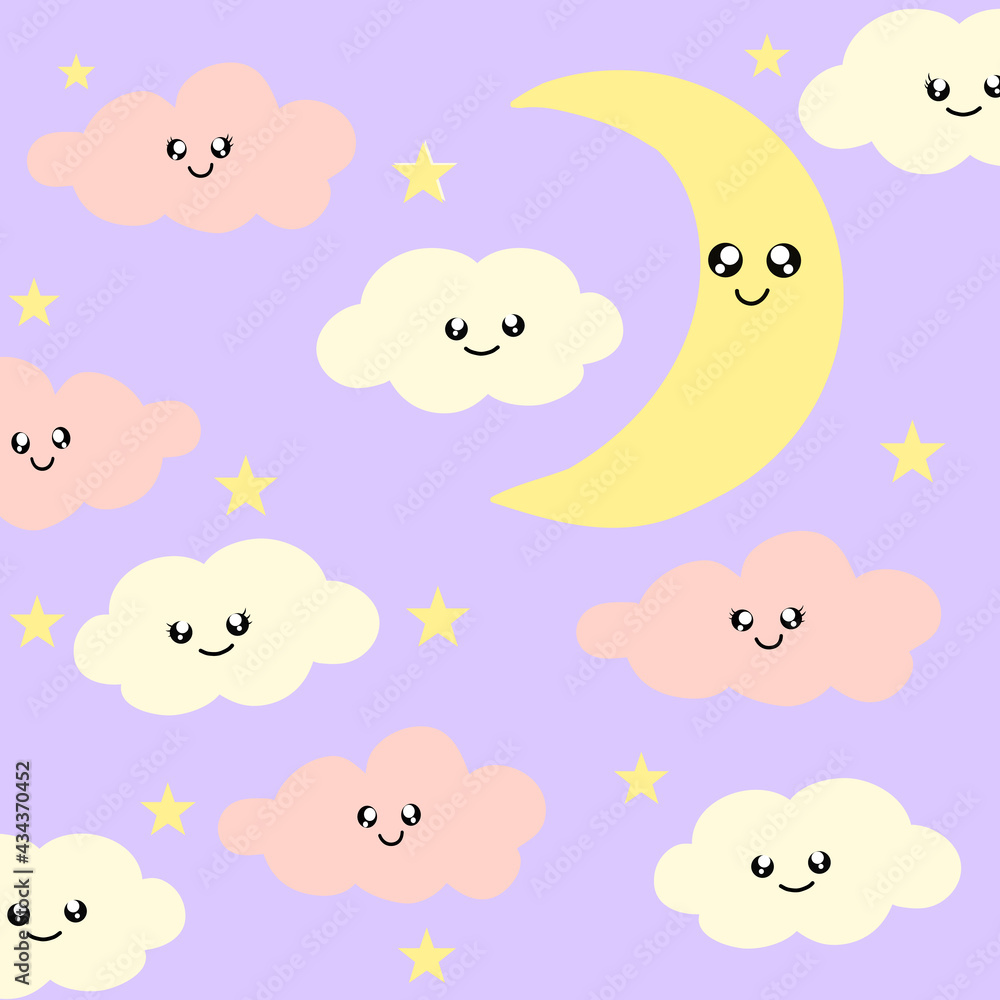 Cartoon Cute Cloud, Star and Moon. Perfect for fabric print logo sign cards banners Kids wall art design Vector illustration. Cartoon Cute Cloud, Star and Moon. Perfect for fabric print logo sign cards banners Kids wall art design Vector illustration.