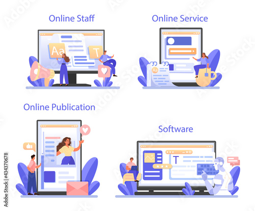 Speechwriting online service or platform set. Professional speaker or journalist