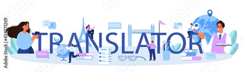 Translator typographic header. Linguist translating document, books and speach