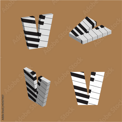 Abstract vector alphabet - v made from piano - alphabet set