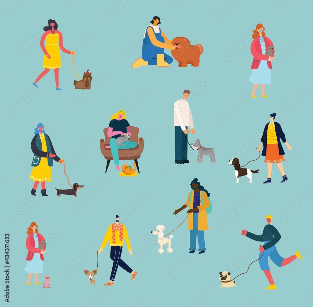 Collection of people with pets. Set of men and women holding their domestic animals.