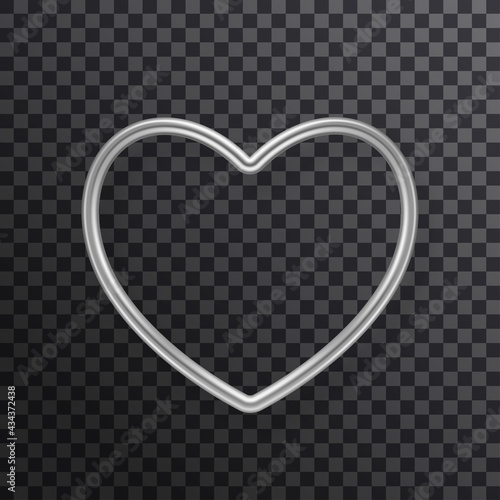 Silver heart frame isolated on transparent background. Vector illustration. Metal 3d love label, modern badge, white metallic bubble for greeting text, luxury Happy Valentine's day border