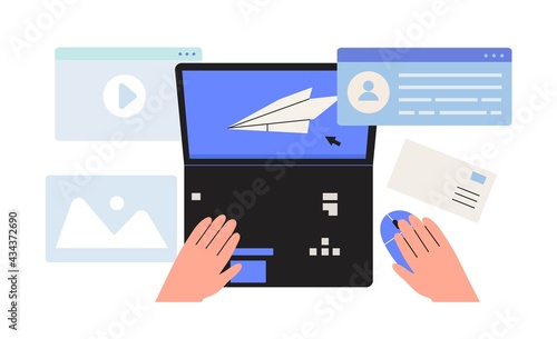 Email marketing banner, ui. Newsletter, news, offers, promotions subscription. Follow us concept in minimalist flat line style. Company website newsletter. Laptop or notebook with notification sign.