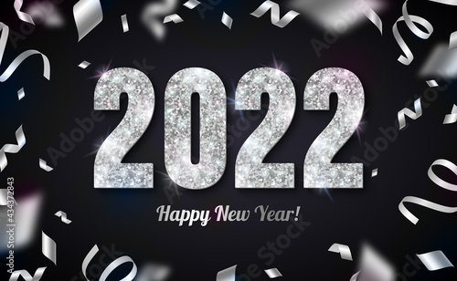 Happy New Year Banner with Silver 2022 Numbers on Black Background with Flying Confetti and Streamers. Vector illustration. Place for text. Poster card template