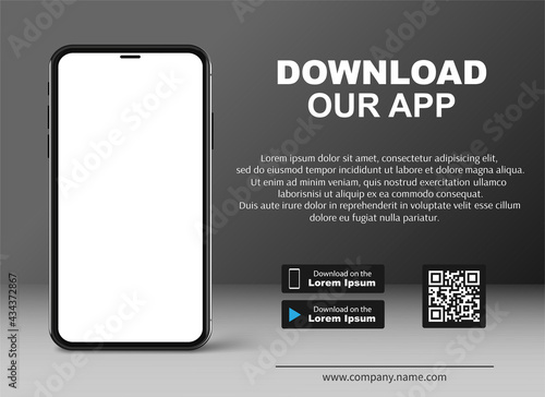 Download our app. Download page of the mobile app. Ad page to download new app. Mockup smartphone with empty screen for your app. Vector
