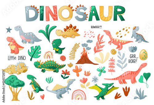 Cute cartoon dinosaur set. Funny dino characters for kids design. Vector illustration isolated on white background.