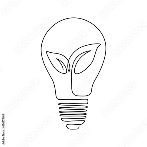 Plant inside Lightbulb in one line drawing. Creative concept of Eco energy and environmental friendly sources. Vector icon illustration for logo, emblem, flyer, presentation, post in social media