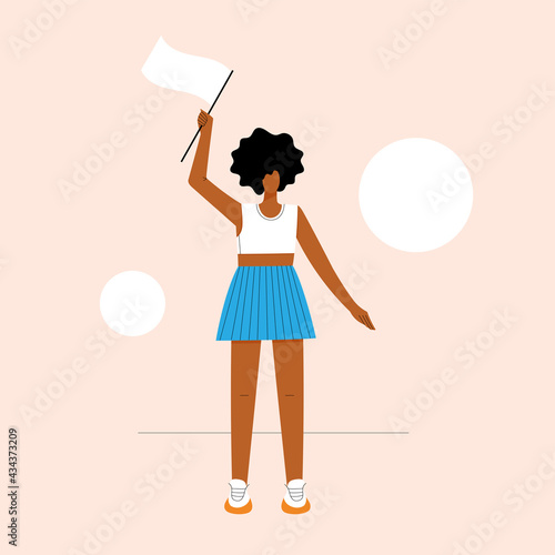 Young modern African-American woman standing and raising a flag. Girl power and women rights concept. People flat vector illustration.