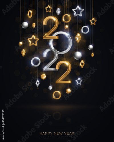 Christmas and New Year poster template with hanging gold and silver 3d baubles and 2022 numbers on black background. Vector illustration. Winter holiday geometric decorations, place for text
