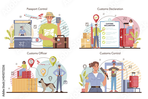 Customs officer concept set. Passport control at the airport.