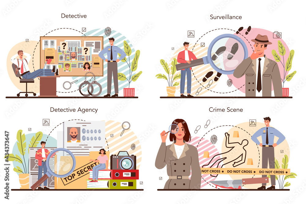 Obraz premium Professional detective concept set. Agency investigating a crime place
