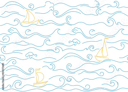 Seamless pattern illustration of ocean surf wave with ships. Sketch background with blue waves and sailboat. Cute marine pattern for fabric, children's clothing, textile, wrapping paper.