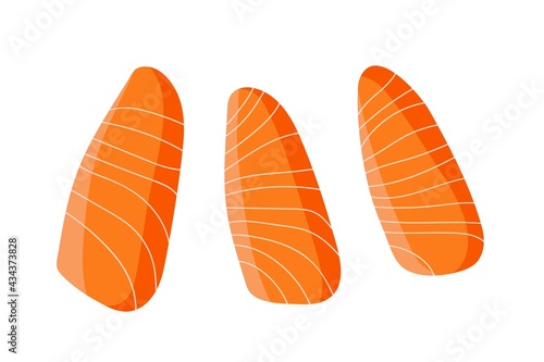 Salmon. Three pieces of fish. Overhead view of isolated Fresh raw salmon fish slices vector flat on white background. For menu, cafe, restaurant, poster, banner, emblem, sticker. Salmon fillet