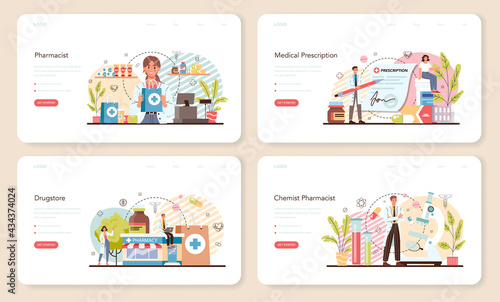 Pharmacy web banner or landing page set. Pharmacist selling drugs