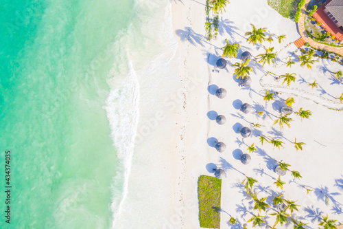 Aerial view of tropical sandy beach with palms and umbrellas at sunny day. Summer holiday on Indian Ocean, Zanzibar, Africa. Landscape with palm trees, hotels, pool, white sand, azure sea. Top view