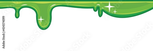 Flows of green fluid. Thick flowing paint. Slime. The drops are slipping. The isolated object on a white background. Flat cartoon style. Frame. Vector