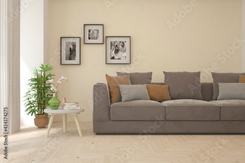 Soft color living room with sofa. Scandinavian interior design. 3D illustration