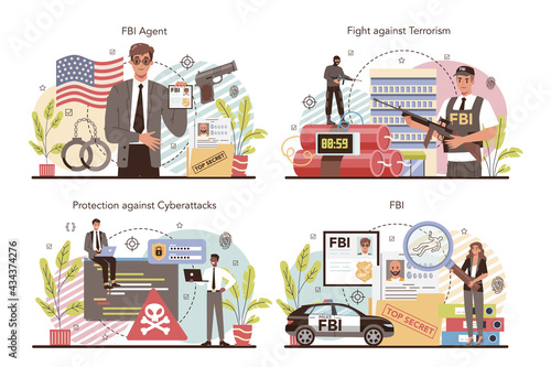 FBI agent concept set. Police officer or inspector investigating crime.