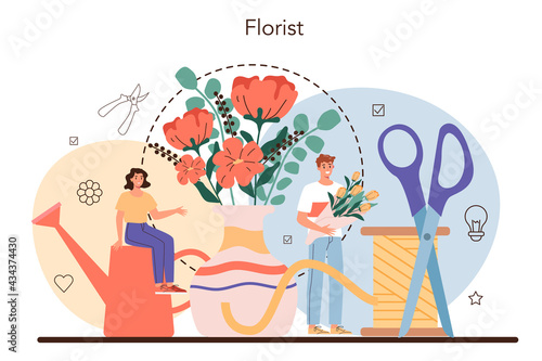 Florist concept. Floral designer making bouquet for customer.