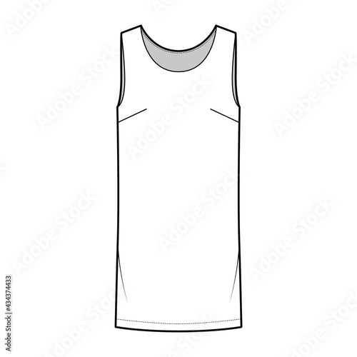 Dress shift chemise technical fashion illustration with sleeveless, oversized body, knee length pencil skirt. Flat apparel front, white color style. Women, men unisex CAD mockup