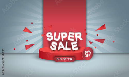 Sale banner background with red podium on light blue background. Abstract background.