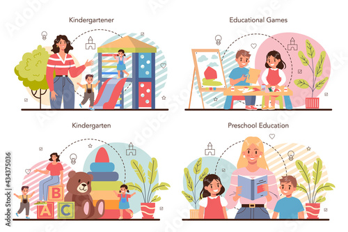 Kindergartener set. Professional nany and children doing different activities.
