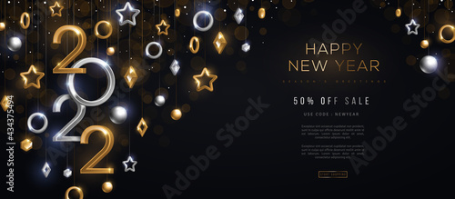 2022 silver and gold numbers with crystal baubles hanging on black background. Vector illustration. Poster card template design. Christmas and New Year tree decorations. Place for text.