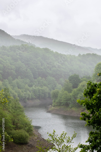 Mountains covered with mist sliding to a silent forest lake