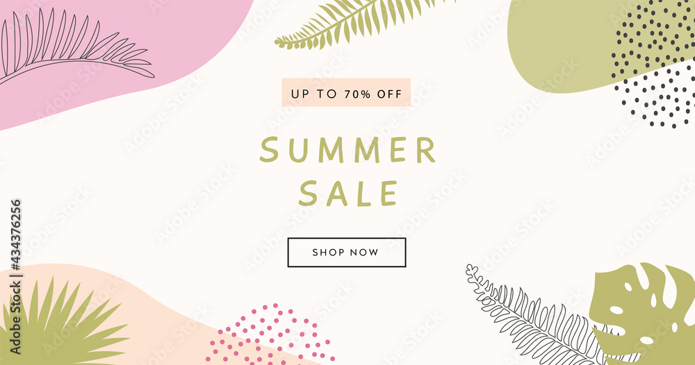 Bohemian Summer sale horizontal banner template. Set of trendy abstract background with tropical palm leaf and geometric elements. Modern colorful summer design for web internet ad. Flat vector.