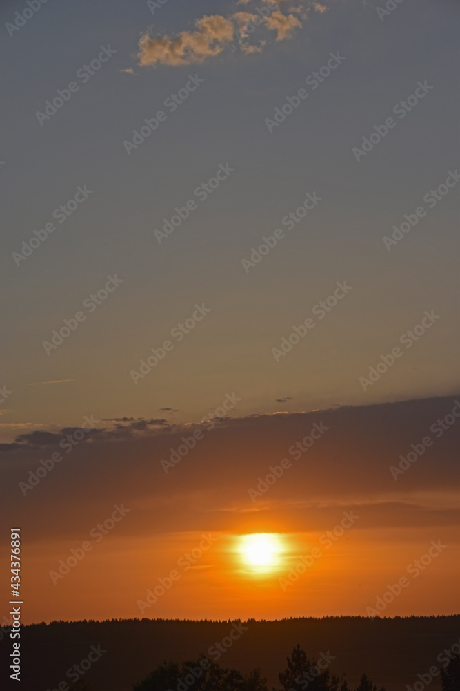 Sunset sun on the background of the horizon with trees Sunset sun on the background of the horizon with trees