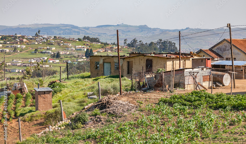 rural area with little agricultural farms and grassland in Kwa Zulu Natal, South Africa, Landscape - obrazy, fototapety, plakaty 