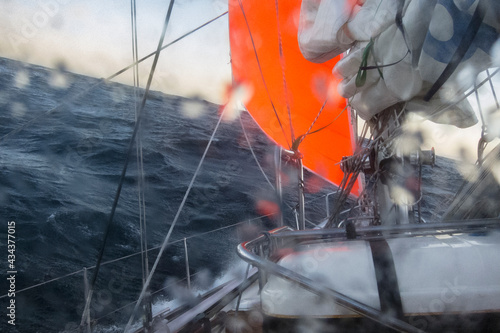 sailing yacht in heavy weather with storm and rain , sailing with yellow Storm jib