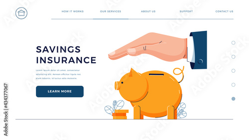 Savings insurance homepage template. Insurance agent is holding hand over the piggy bank to protect savings. Money protection, financial saving insurance for web site design. Flat vector illustration