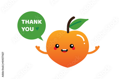 Cute cartoon style smiling peach fruit character with speech bubble saying thank you, showing appreciation.
