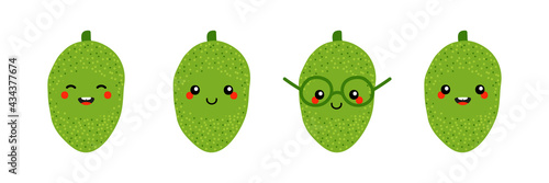 Set, collection of cute smiling cartoon style jackfruit characters for food design.