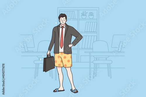 Dreaming of vacation concept. Young smiling positive businessman cartoon character standing in jacket in shorts with suitcase dreaming of rest and vacation vector illustration 