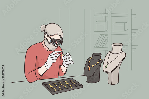 Working as jeweler in jewerely store concept. Grey haired man cartoon character sitting examining diamond with special glasses working as jeweler vector illustration 