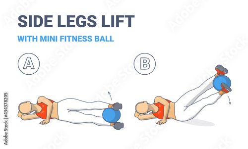 Girl Doing Side Legs Lifts with Medicine Ball Home Workout Exercise Guidance Colorful Illustration.
