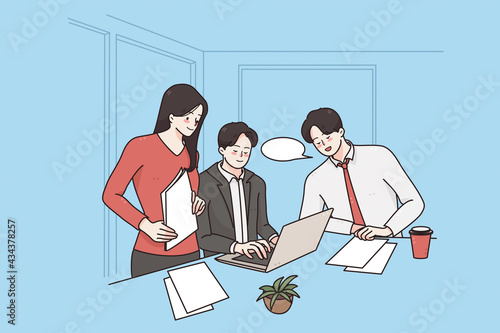 Business teamwork, brainstorm, discussion concept. Group of business partners workers colleagues discussing business development strategy in office on laptop speaking vector illustration 