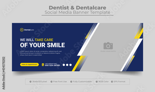 Dentist and dental care facebook cover photo design with abstract shape