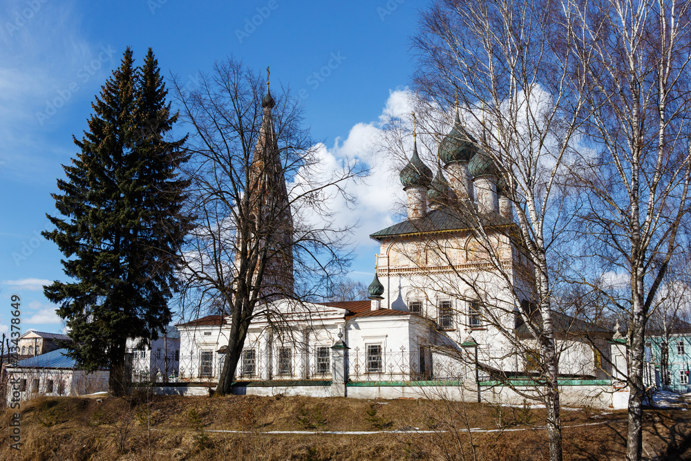 Ancient church of the Epiphany (St. Nicholas) built in 1710-1725. Early spring. Traditional Russian religious architecture. Nerekhta, Kostroma region, Russia  