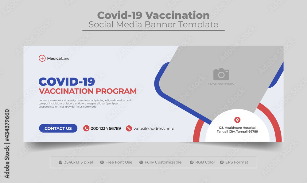 Covid-19 vaccination facebook cover photo or web banner for covid-19 vaccination program - obrazy, fototapety, plakaty 