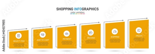 Concept of shopping process with 6 successive steps. Six colorful graphic elements. Timeline design for brochure, presentation, web site. Infographic design layout.