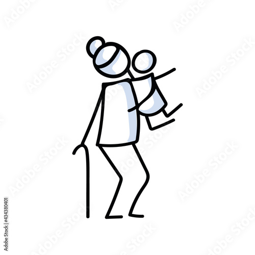 Drawn stick figure of senior woman hugging grandchild. Elderly embrace covid 19 support illustrated vector sketchnote.