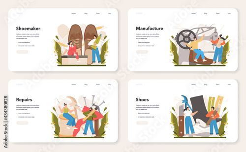 Shoemaker web banner or landing page set. Craftsman wearing an apron
